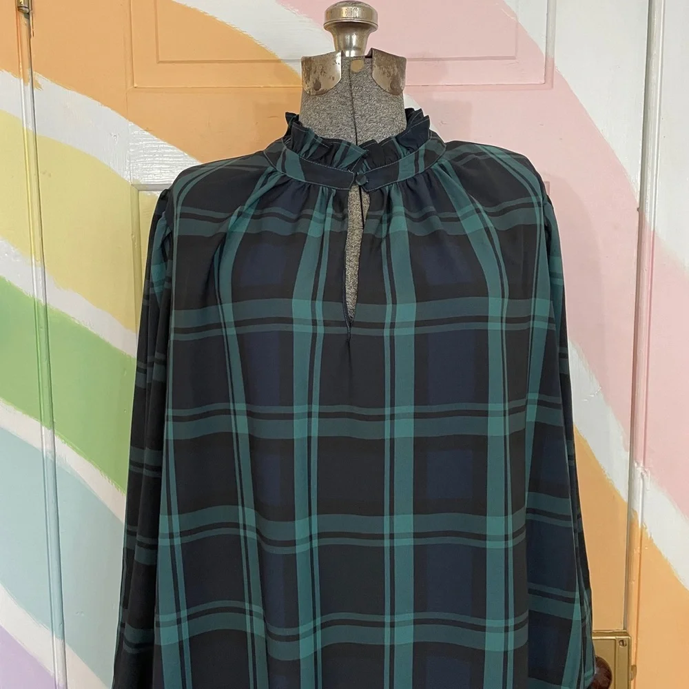 J. Crew Green Black Watch Tartan Plaid Ruffle Puff Sleeve Dress Sz 2X 🧡🎀